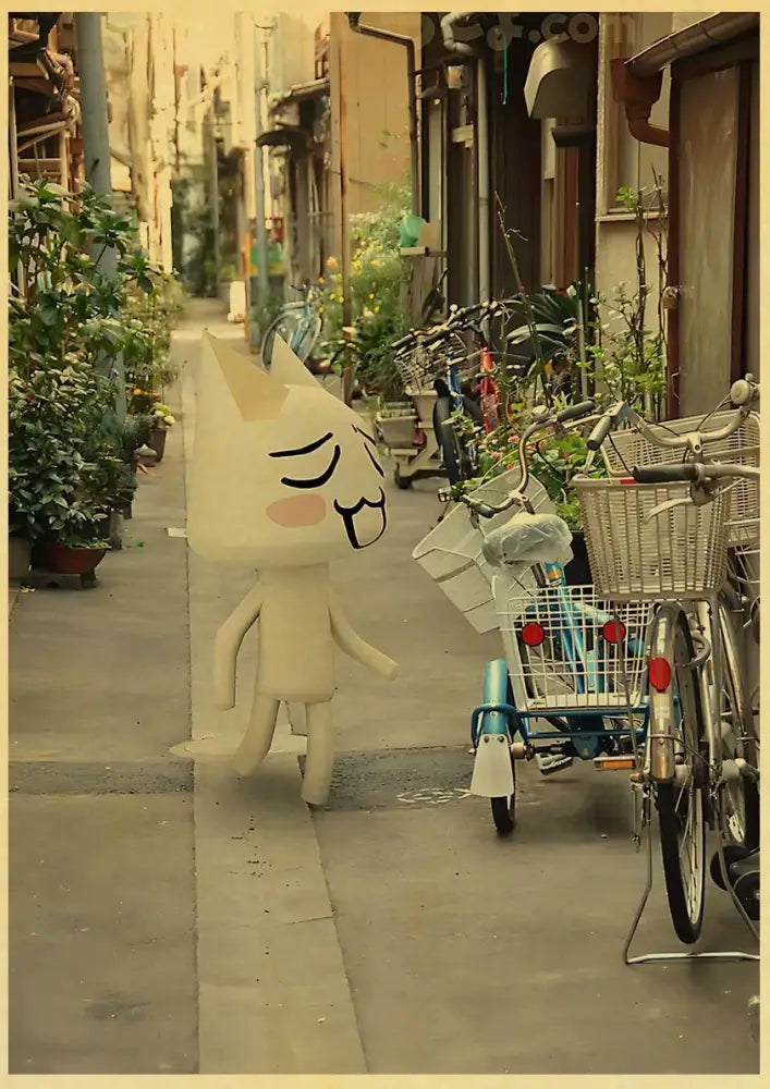 A beige cute 3d cat poster with a smiling cartoon character standing on a sidewalk for home decor by decorbites
