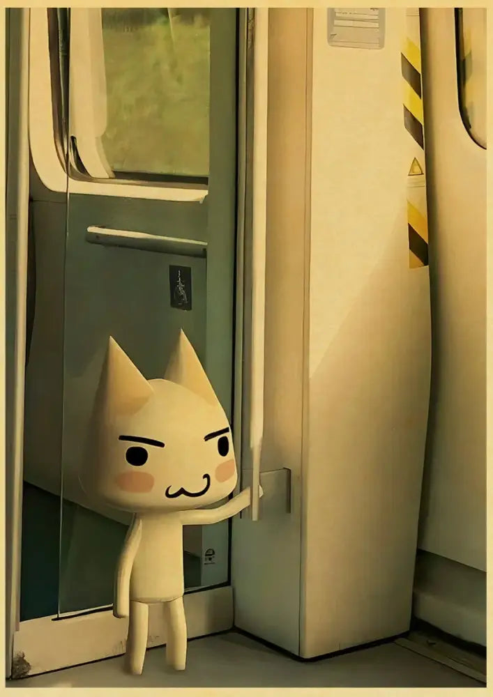 A cream-colored stylized cute 3d cat figurine inside a subway car featured in a DecorBites home decor cat poster