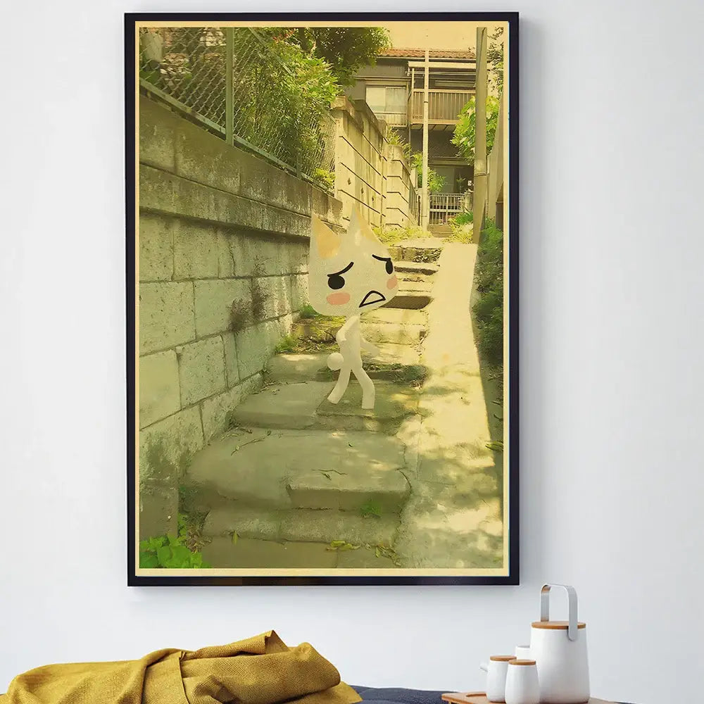 A framed DecorBites™ cute 3d cat poster with an angry cartoon cat walking stone steps for home decor