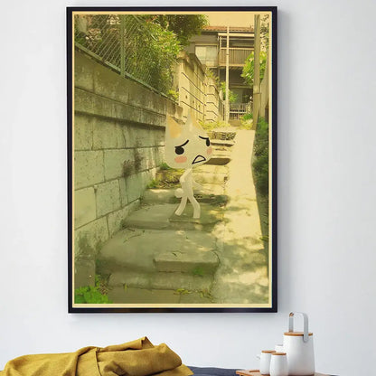 A framed DecorBites™ cute 3d cat poster with an angry cartoon cat walking stone steps for home decor