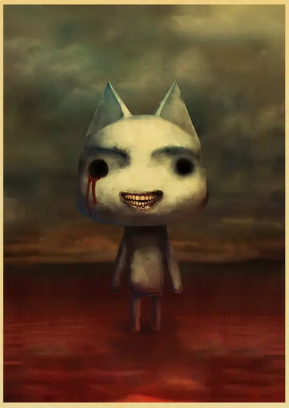 Decorbites™ cute 3d cat poster featuring a pale cartoon cat with sharp teeth in a red liquid for home decor