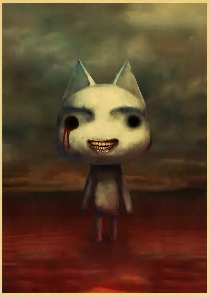 Decorbites™ cute 3d cat poster featuring a pale cartoon cat with sharp teeth in a red liquid for home decor