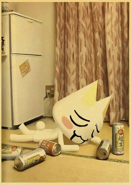 A plush white cute 3d cat figurine with pink cheek lying on its side among beer cans for home decor cat poster