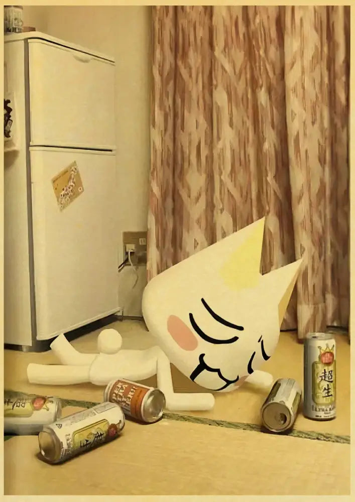 A plush white cute 3d cat figurine with pink cheek lying on its side among beer cans for home decor cat poster