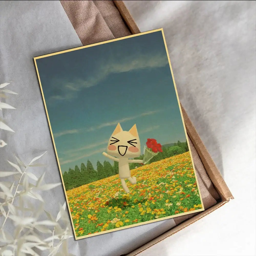 Rectangular framed decorbites™ cute 3d cat poster featuring a joyful white cat in a vibrant flower field for home decor