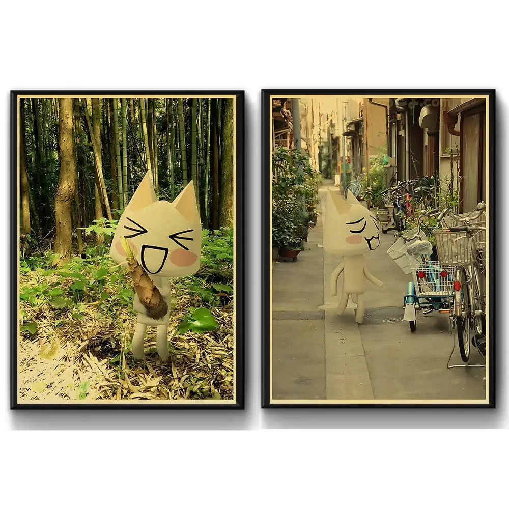 Two framed cat posters from decorbites™ featuring a cute 3d cat in bamboo forest and city street scenes for home decor