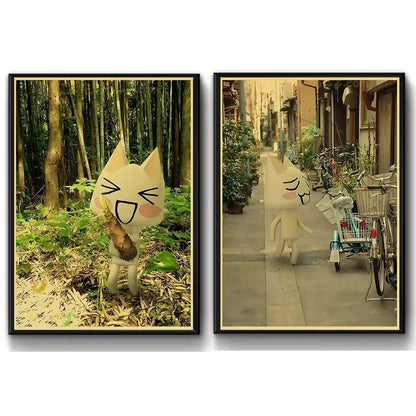Two framed cat posters from decorbites™ featuring a cute 3d cat in bamboo forest and city street scenes for home decor