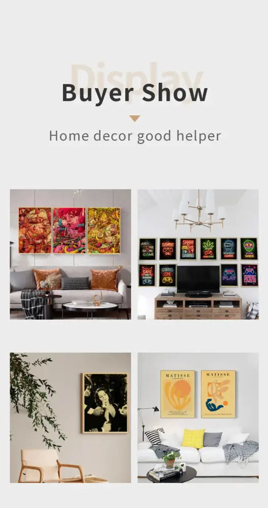 Vibrant abstract art prints in bold reds oranges and yellows displayed above a gray sofa with a DecorBites™ cute 3d cat poster for home decor