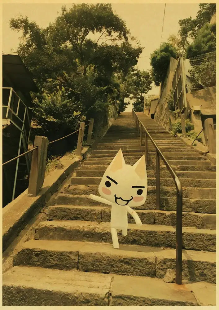 A white cartoon cat with a cheerful expression on stone steps in the decorbites cute 3d cat poster for home decor
