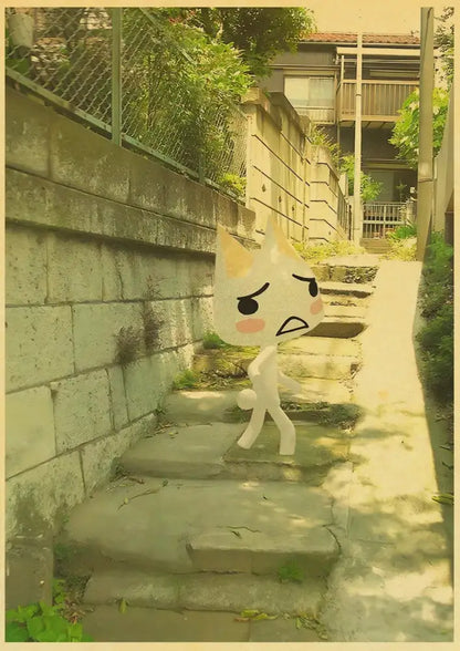Decorbites™ cute 3d cat poster featuring a white cat with orange-tipped ears on stone steps for home decor
