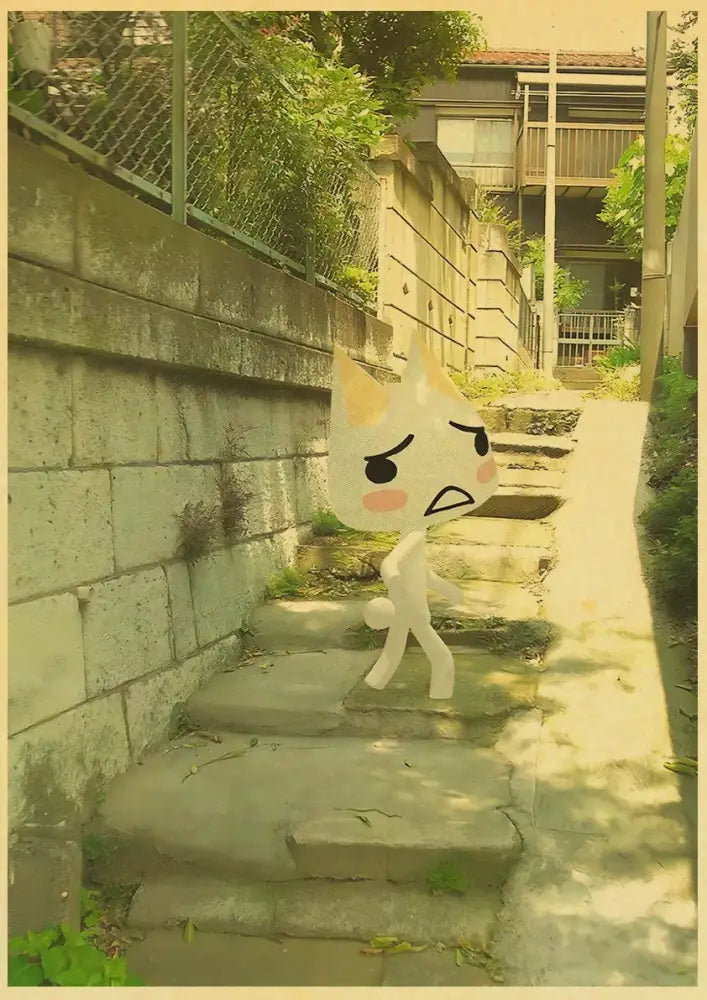 Decorbites™ cute 3d cat poster featuring a white cat with orange-tipped ears on stone steps for home decor