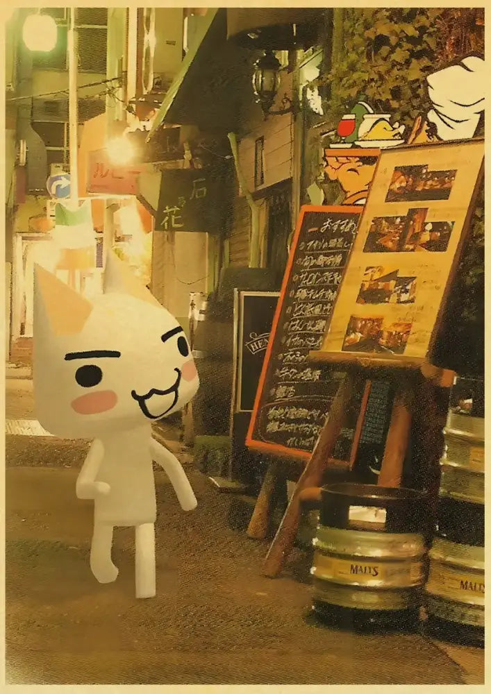 A white cute 3d cat figurine with smiling face and pink cheeks on a street at night for home decor cat poster