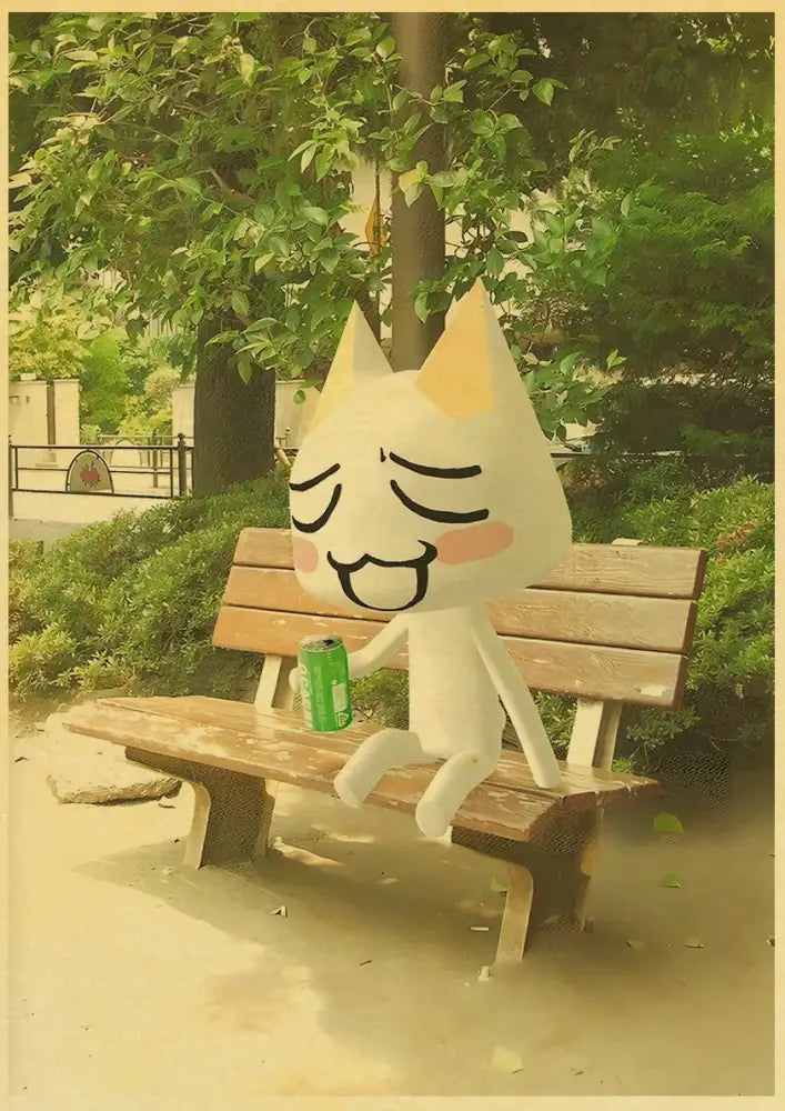 White cartoonish cat figurine with yellow-tipped ears holding green can on wooden bench for home decor cute 3d cat poster