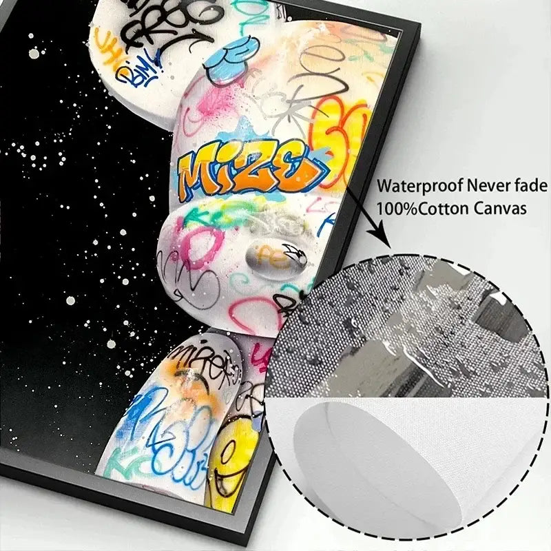 Decorbites™ graffiti bear canvas print featuring a white bear design in a black frame for home decor