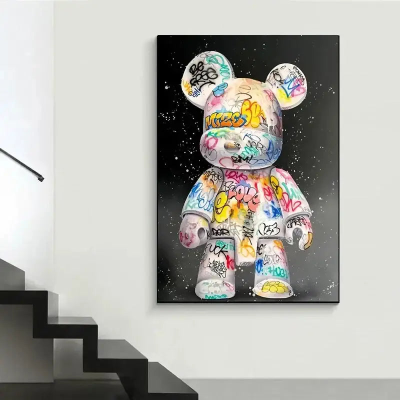 Decorbites™ cute cartoon bear canvas print featuring a vibrant graffiti bear canvas with colorful tags on white wall