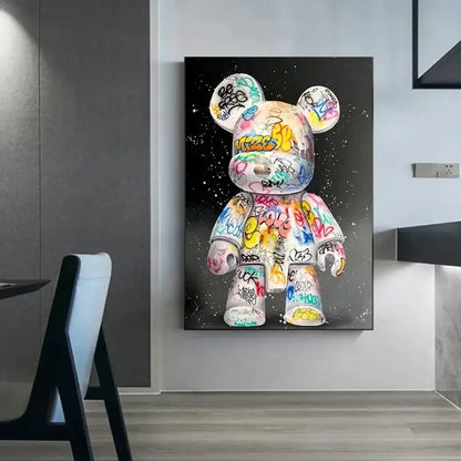 DecorBites™ cute cartoon bear canvas print featuring a vibrant graffiti bear design on black background for home decor