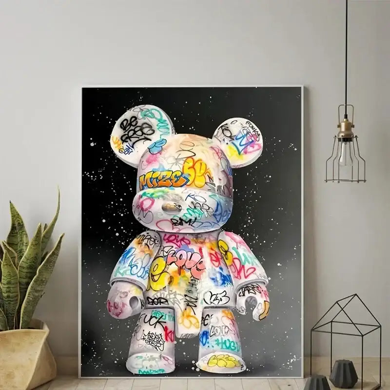 DecorBites™ graffiti bear canvas print featuring a vibrant white bear with colorful tags on a black starry background