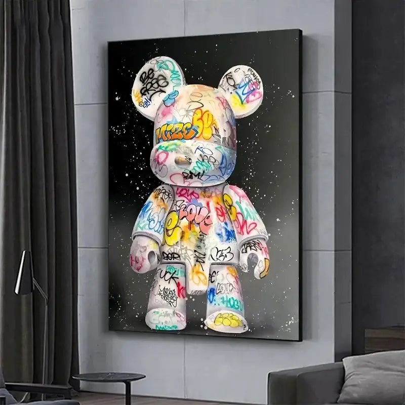 DecorBites™ cute cartoon bear canvas print featuring a vibrant graffiti bear canvas with colorful tags on white figure