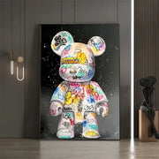 Decorbites™ cute cartoon bear canvas print featuring a vibrant graffiti bear design with colorful tags on dark background