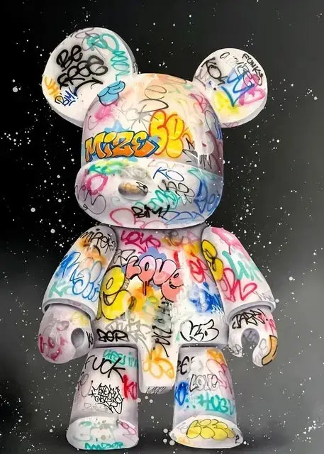 Decorbites™ cute cartoon bear canvas print featuring a white graffiti bear with colorful spray paint markings