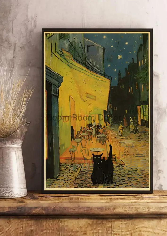 Decorbites™ cute digital cats poster print featuring a black cat silhouette inspired by van gogh in a black frame on kraft paper