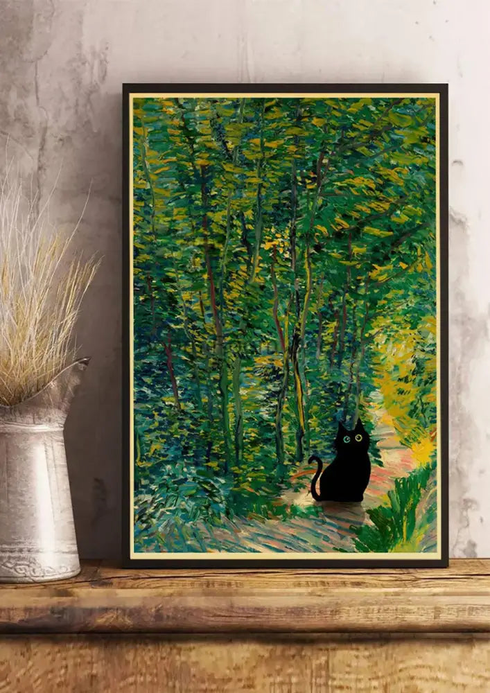 DecorBites™ cute digital cats poster print with black cat silhouette and vibrant forest brushstrokes in black frame