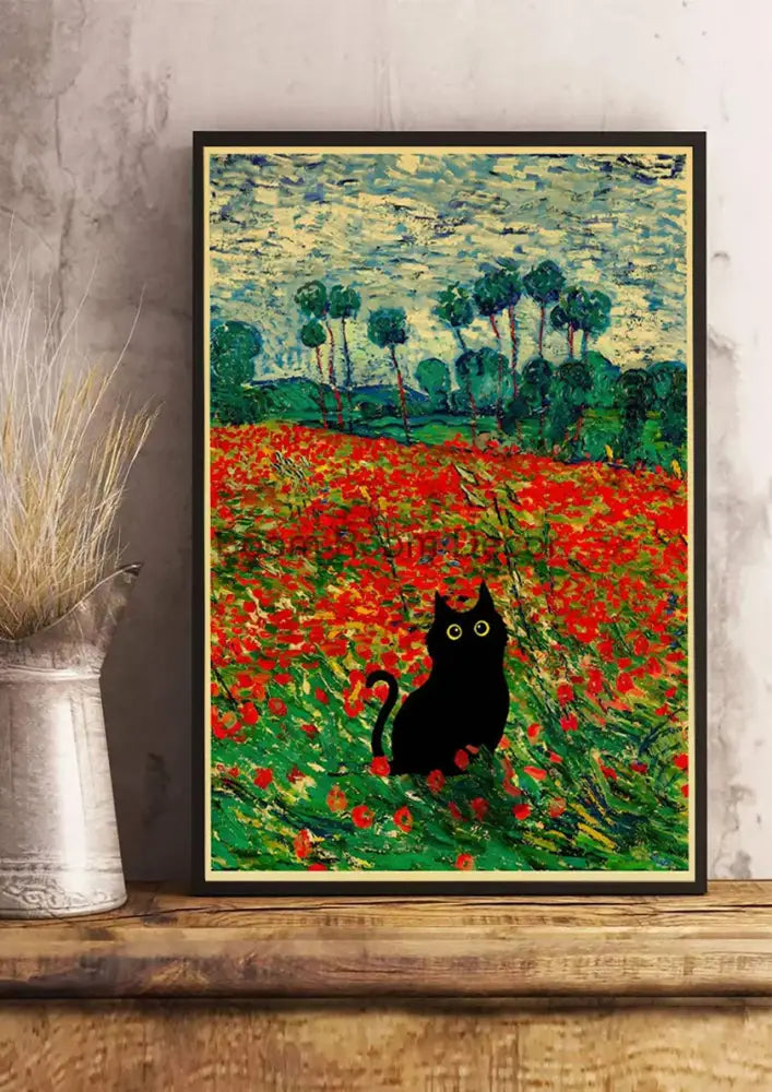 Decorbites™ cute digital cats cartoon poster print featuring black cat silhouette with red poppies on kraft paper texture