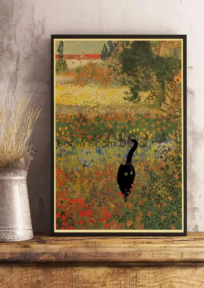 DecorBites™ cute digital cats poster print with black cat silhouette and vibrant impressionist flowers in black frame