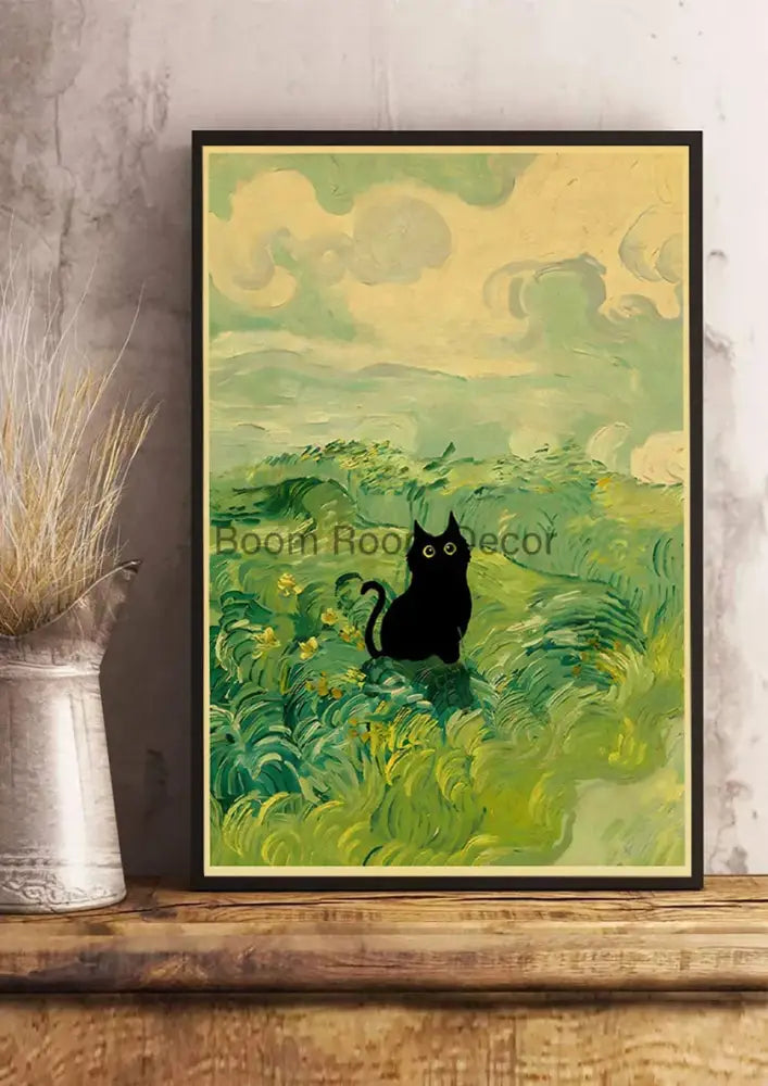 Decorbites™ cute digital cats poster print featuring a black cat silhouette with van gogh style brushstrokes in a black frame