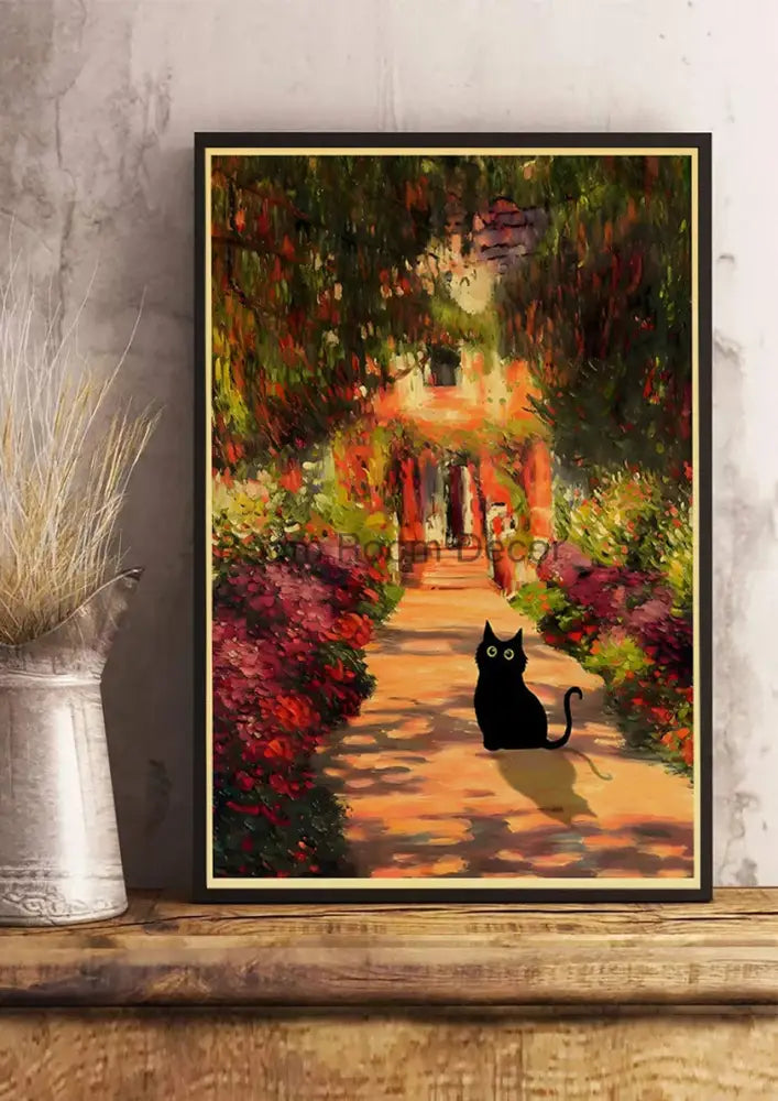 DecorBites™ cute digital cats poster print featuring black cat silhouette on warm impressionistic garden kraft paper