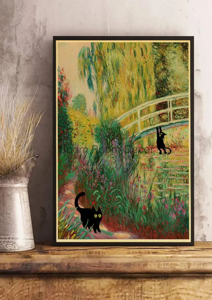 Decorbites™ cute digital cats cartoon poster print featuring black cat silhouette on kraft paper with whimsical garden scene