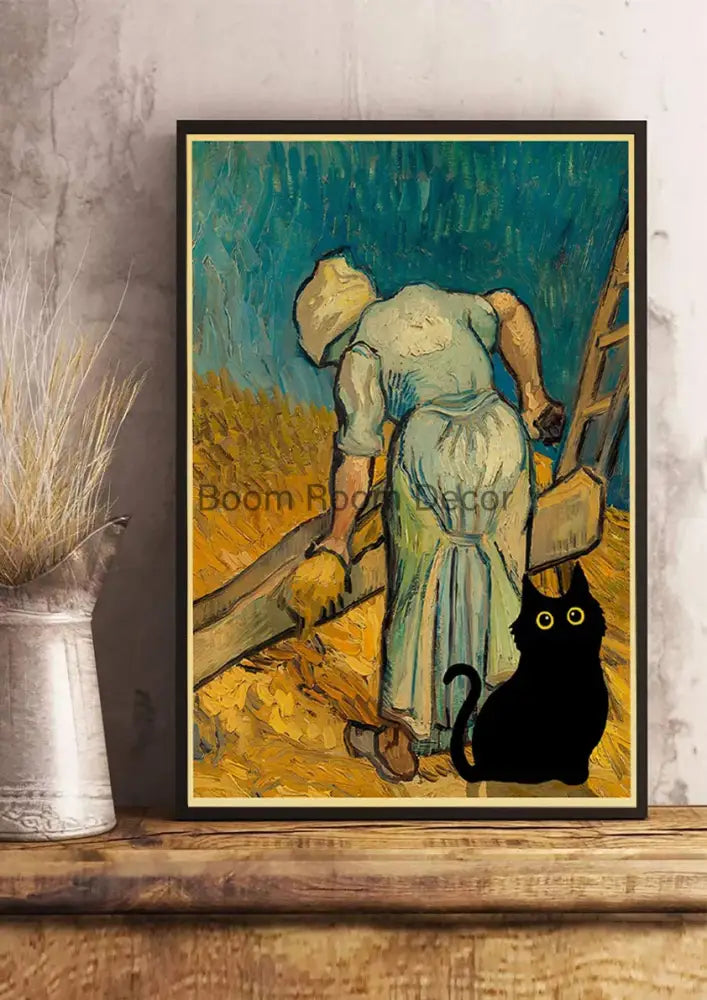 DecorBites™ cute digital cats kraft paper poster print with black cat silhouette and woman in blue dress on van Gogh wheat field