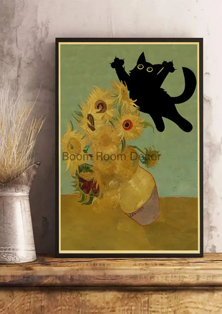 Black cat silhouette poster with sunflowers framed in black featuring cute digital cats on kraft paper by decorbites