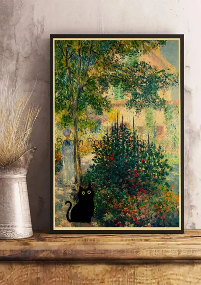 DecorBites™ cute digital cats poster print features a black cat silhouette on kraft paper with a vibrant garden frame