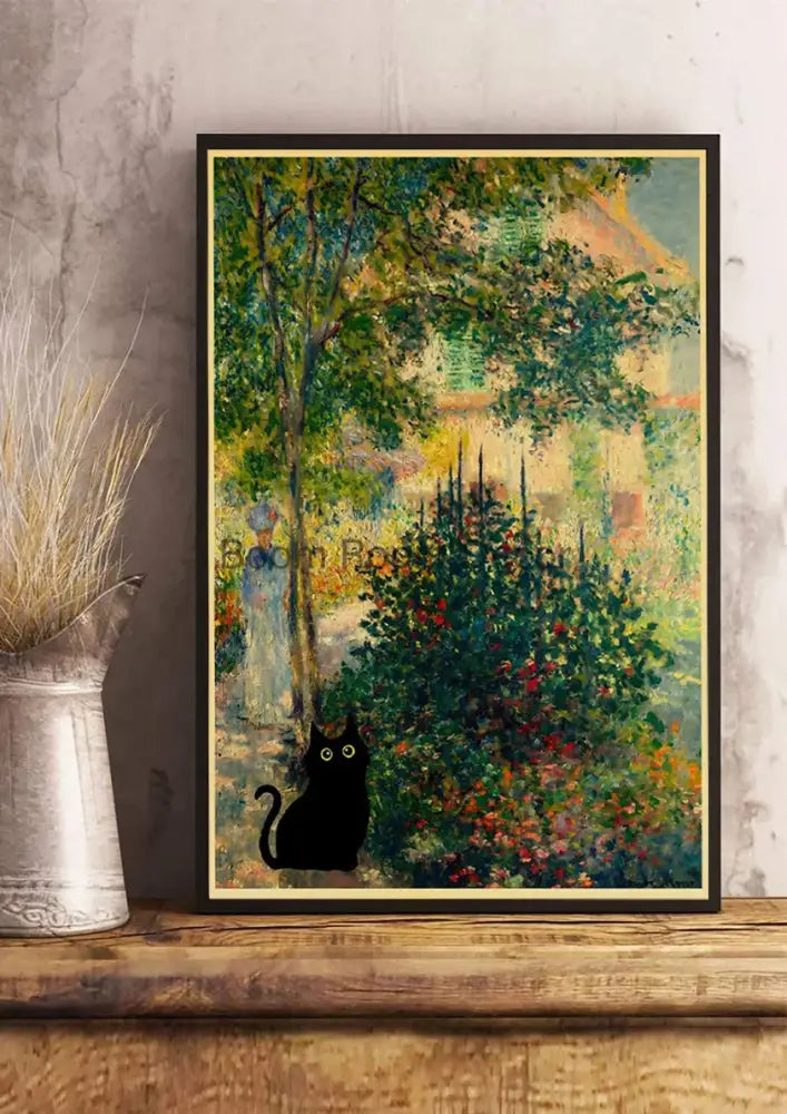 DecorBites™ cute digital cats poster print features a black cat silhouette on kraft paper with a vibrant garden frame