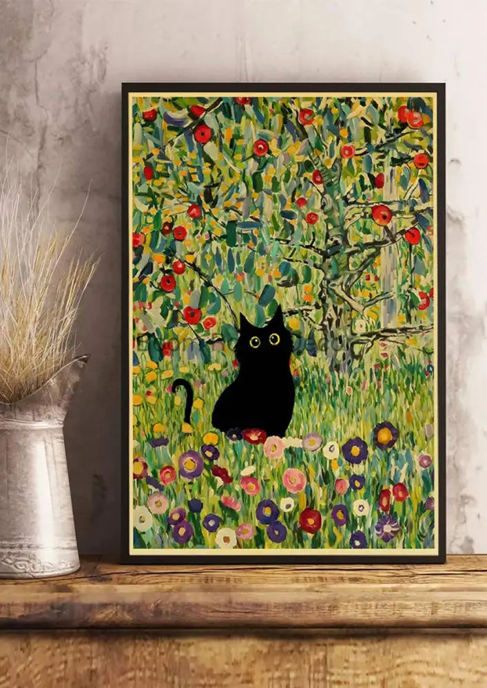 Decorbites™ cute digital cats cartoon poster print featuring a black cat with vibrant green foliage and red apples on kraft paper