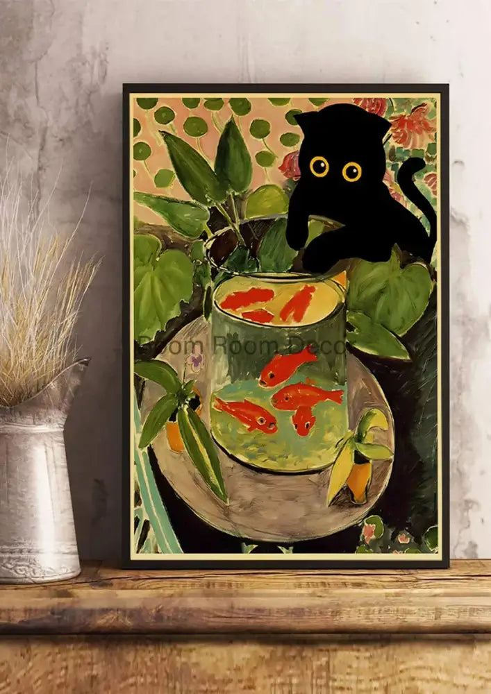 DecorBites digital cats poster with black cat silhouette and orange goldfish on kraft paper featuring cute digital cats