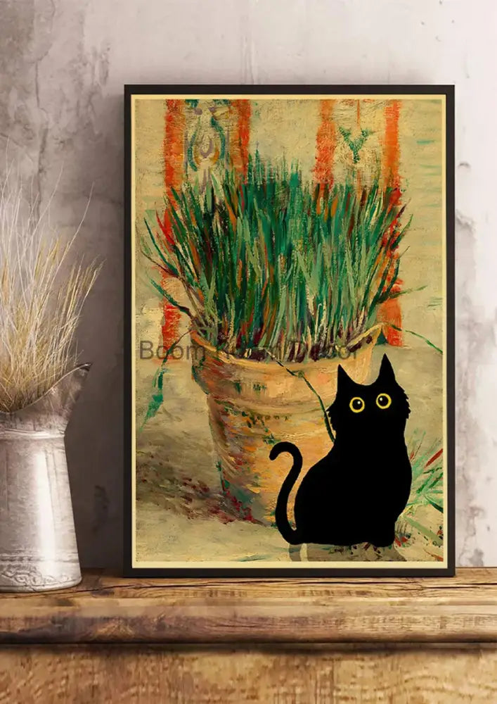 DecorBites™ cute digital cats poster print with black cat silhouette orange stripes green grass in rustic kraft paper frame