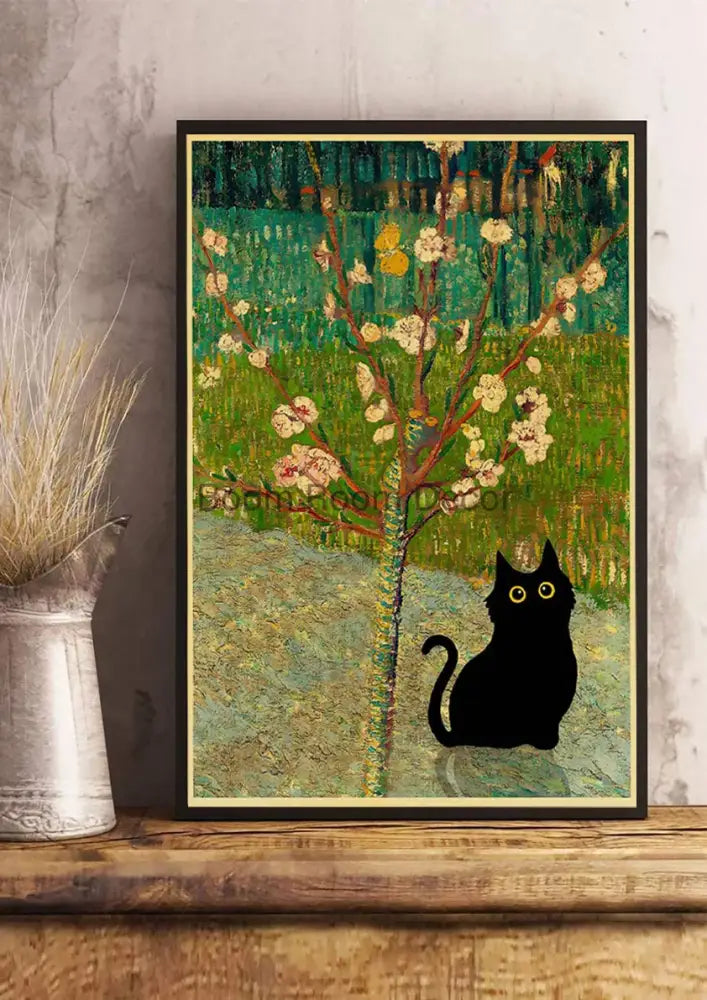 Decorbites™ cute digital cats cartoon poster print featuring black cat silhouette and blossoming tree in green cream tones