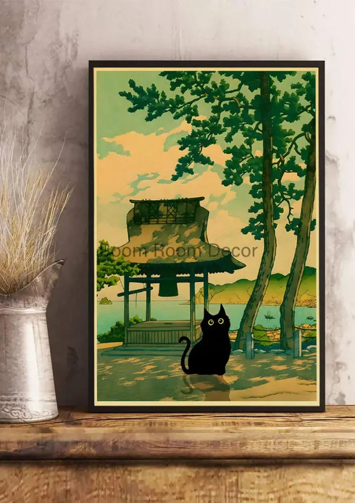 Decorbites™ cute digital cats cartoon poster print featuring black cat silhouette with vintage japanese temple on kraft paper