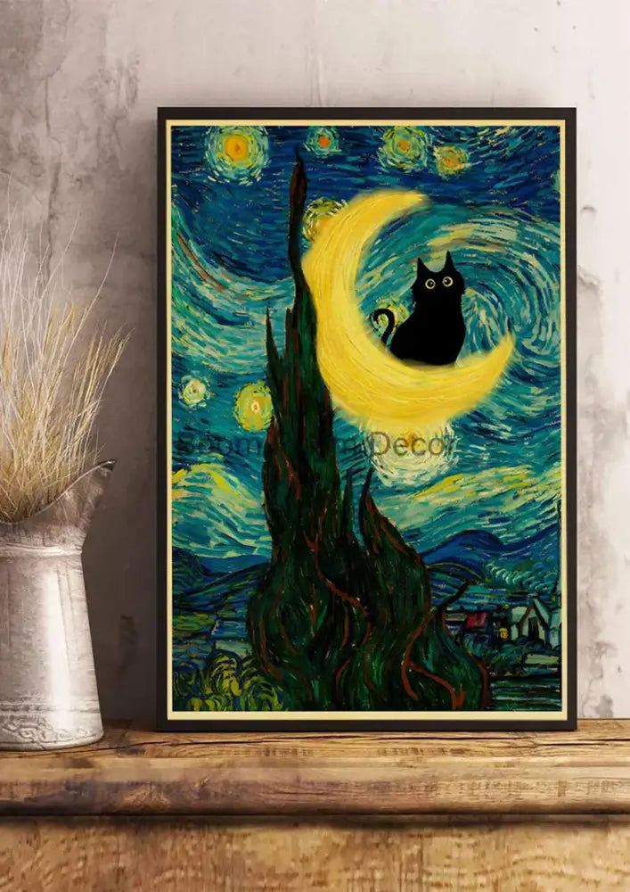 Decorbites™ cute digital cats cartoon poster print of black cat on crescent moon with starry night in black frame on kraft paper