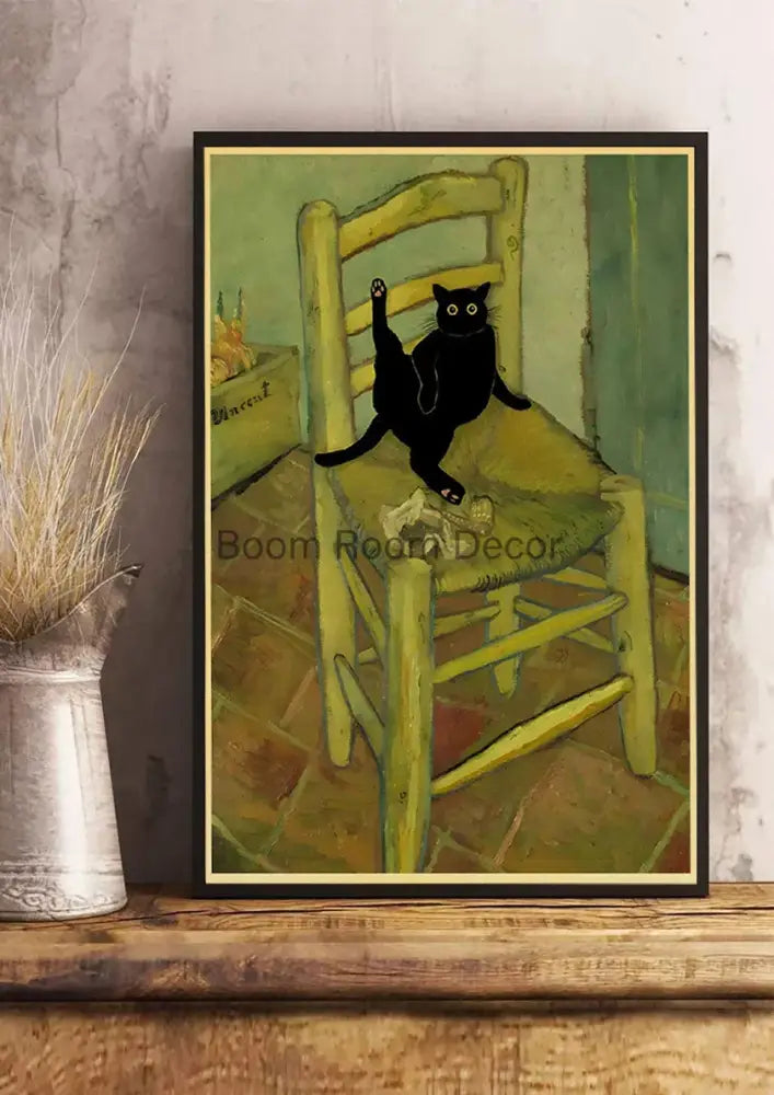 Decorbites™ cute digital cats poster print of a playful black cat on a yellow chair framed with kraft paper mat