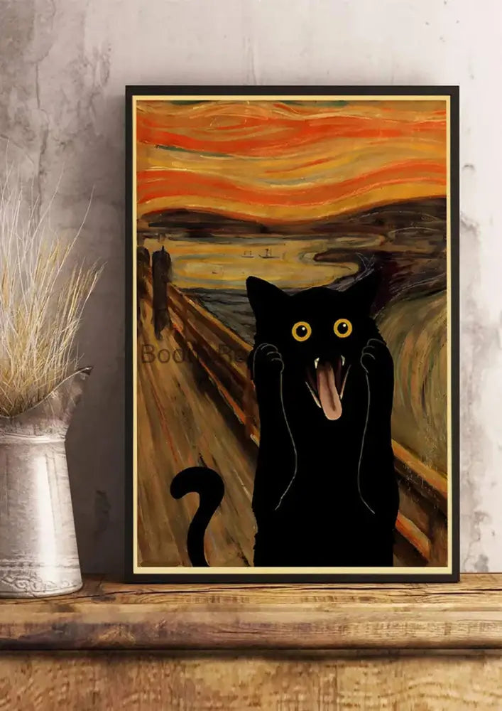 DecorBites™ cute digital cats poster print of a playful screaming black cat on kraft paper with orange swirling skies