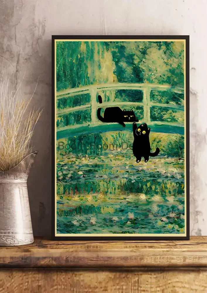 Decorbites™ cute digital cats cartoon poster print featuring a black cat on a green impressionist kraft paper background