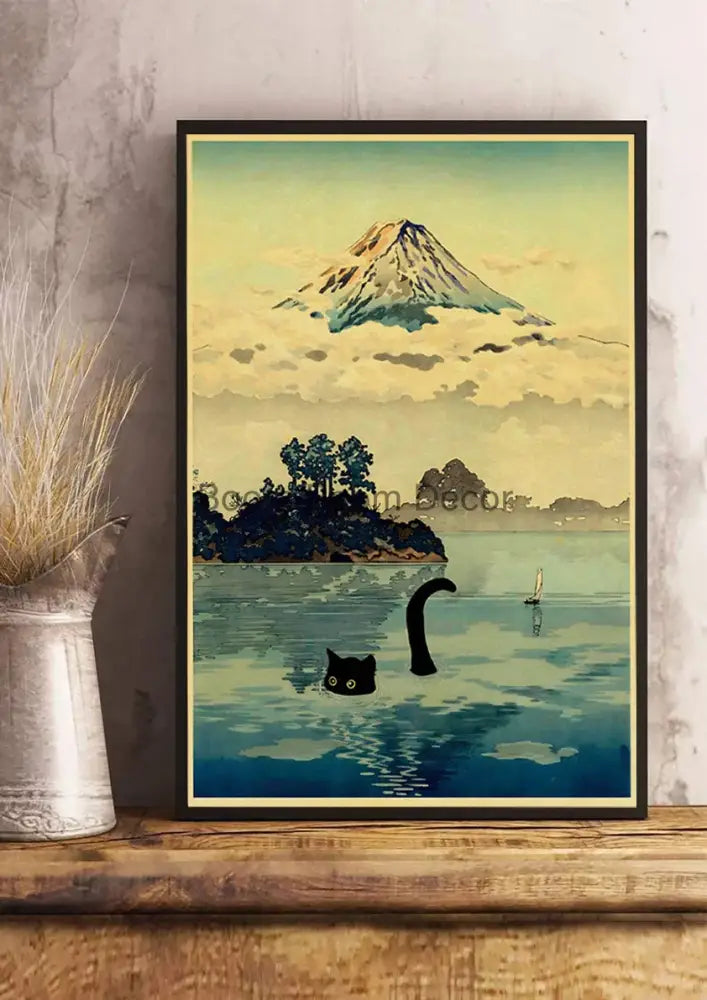 Decorbites™ cute digital cats cartoon poster print with black cat theme snow-capped mountain lake scene in black frame
