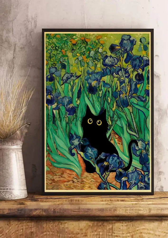 Decorbites™ cute digital cats cartoon poster print featuring a black cat with vibrant blue irises on kraft paper
