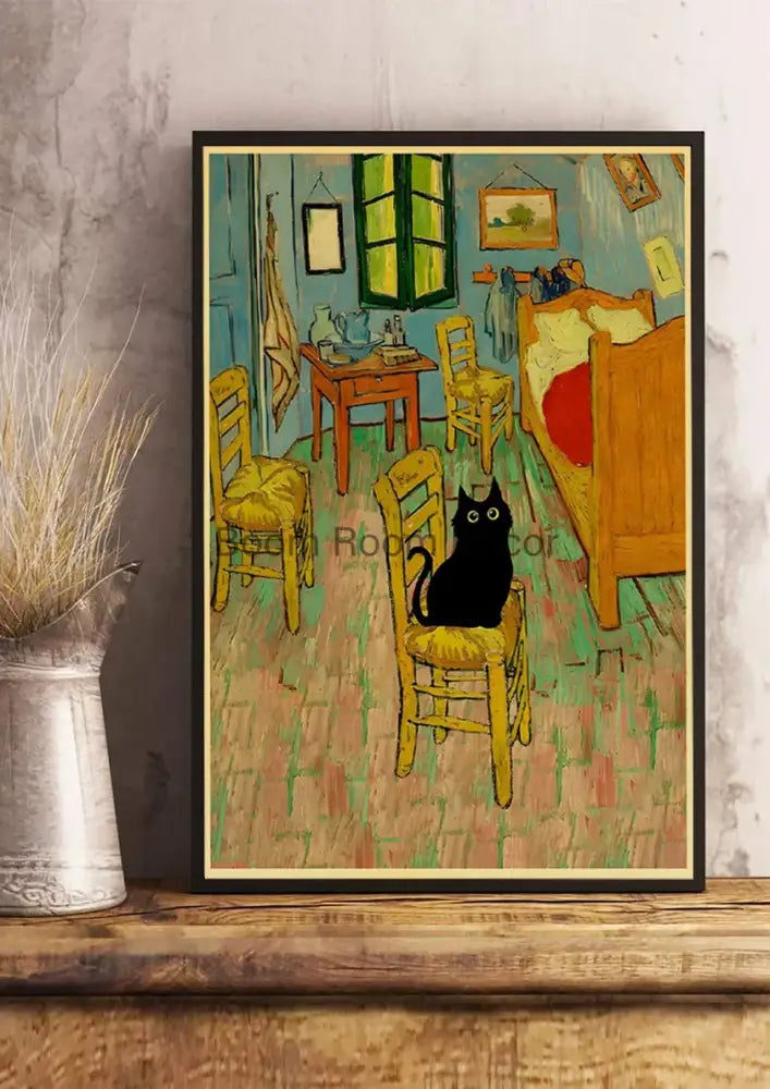 Decorbites™ cute digital cats cartoon poster print featuring a black cat on a yellow chair in van gogh’s bedroom on kraft paper