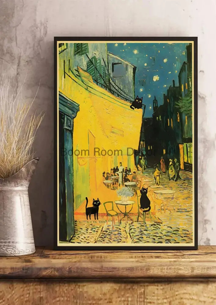 Black-framed DecorBites™ cute digital cats cartoon poster print of van Gogh cafe terrace with yellow and deep blue brushstrokes