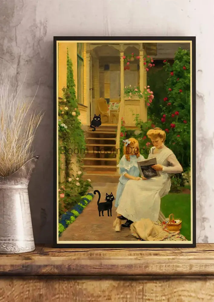 Black-framed vintage-style poster print of cute digital cats with woman and child on kraft paper by decorbites