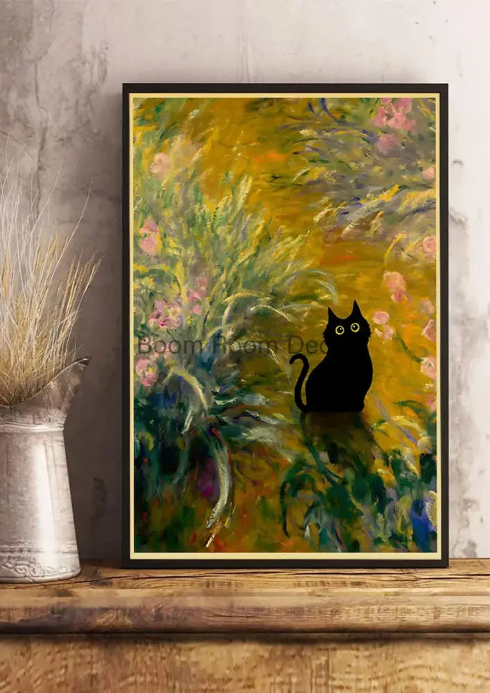 DecorBites™ cute digital cats poster print featuring a black silhouette cat on impressionistic floral kraft paper background